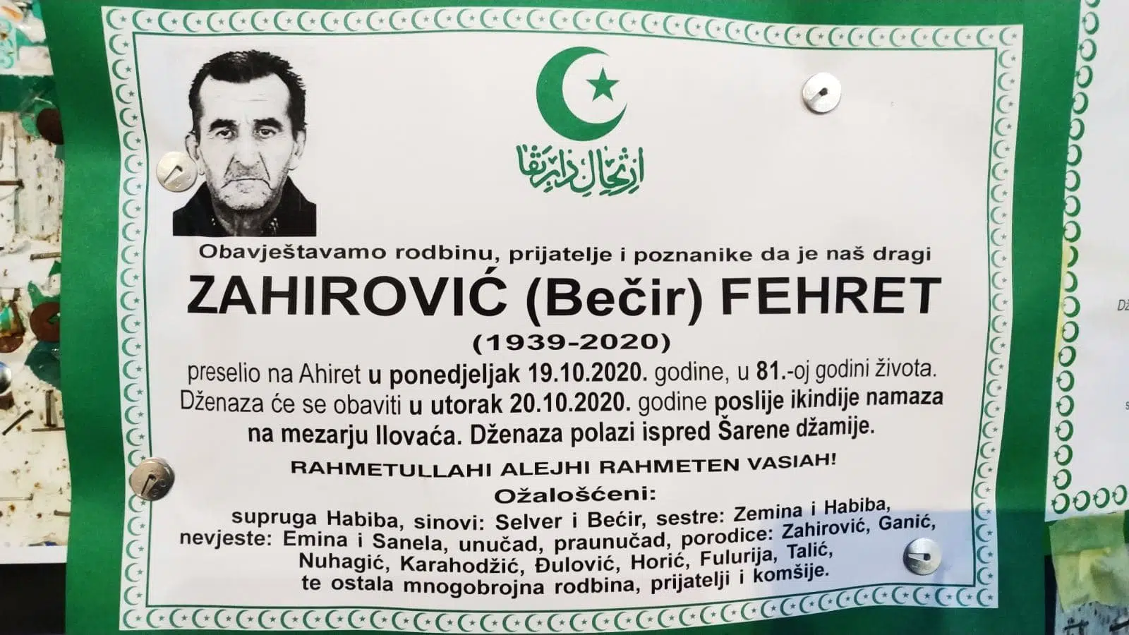 Danas dženaza Zahirović Fehretu