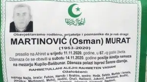 Preminuo Martinović Murat, dženaza sutra na mezarju Kupilo-Bašbunar