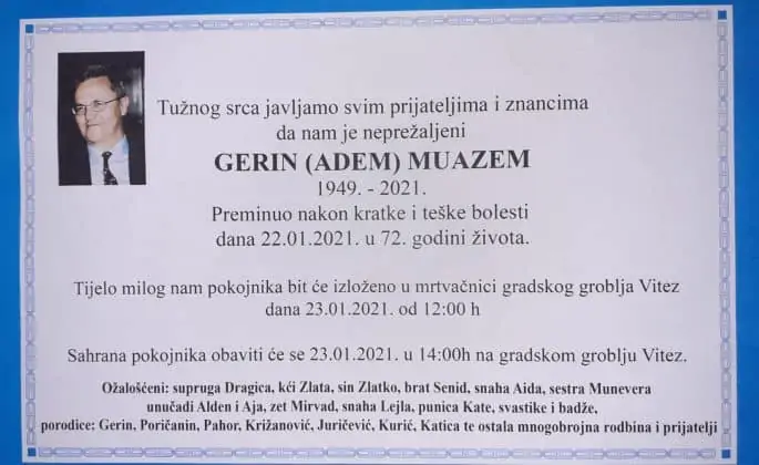 Preminuo Muazem Gerin, posljednji ispraćaj danas gerin muazem