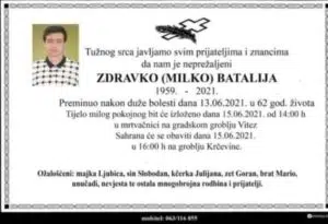 Preminuo Zdravko Batalija