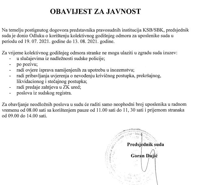 TRAVNIK / Kolektivni godišnji odmor uposlenika suda od 19.07. do 13.08.
