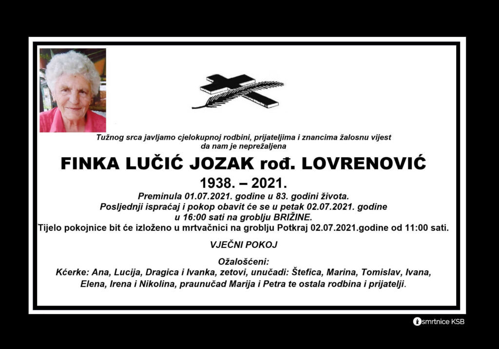 Preminula Finka Lučić Jozak