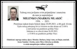 Preminuo Milenko Mlakić