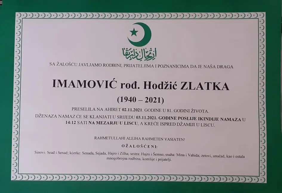 Preminula Zlatka Imamović