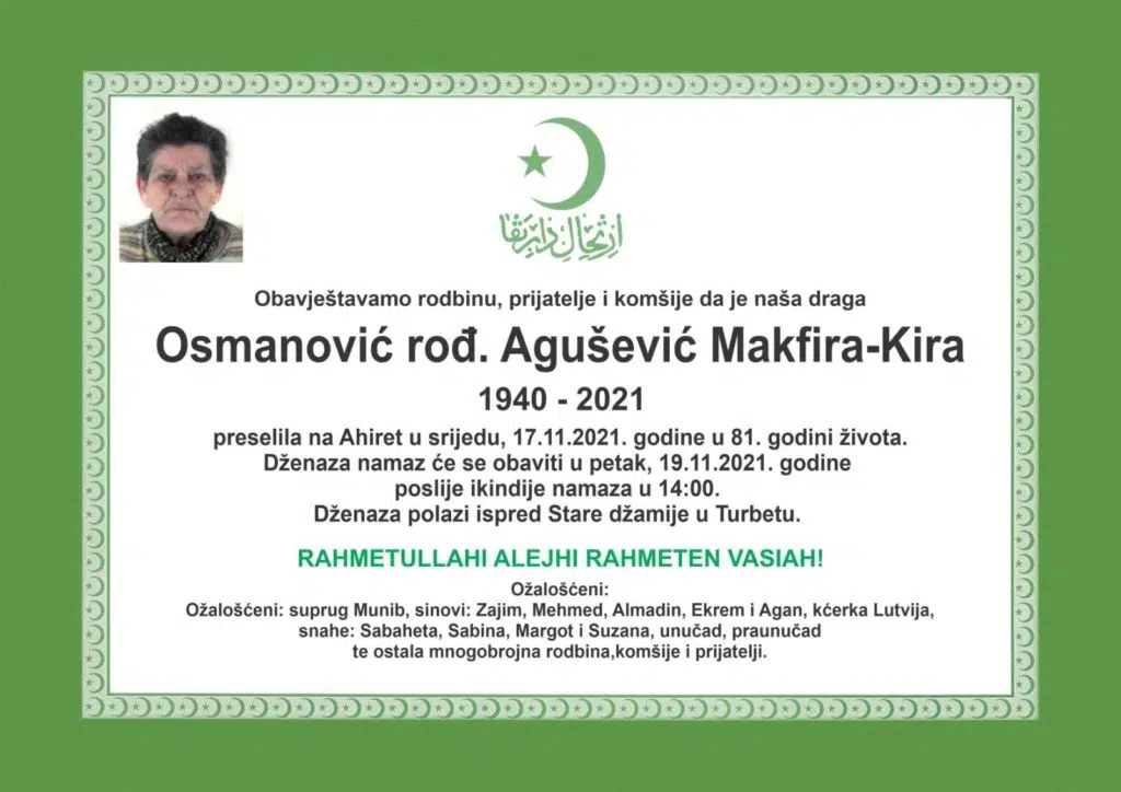 Preminula Osmanović Makfira – Kira