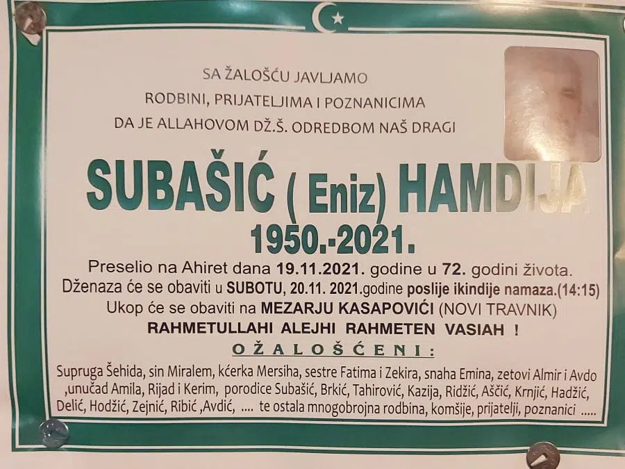 Preminuo Subašić Hamdija