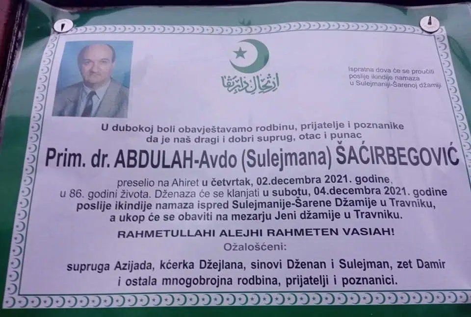 Preminuo je Prim. dr. Abdulah – Avdo Šaćirbegović