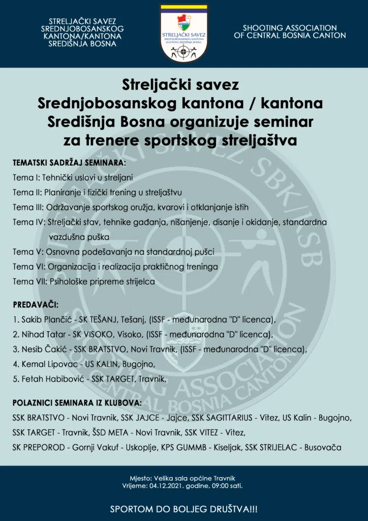 Streljački savez SBK organizuje Seminara za trenere sportskog streljaštva
