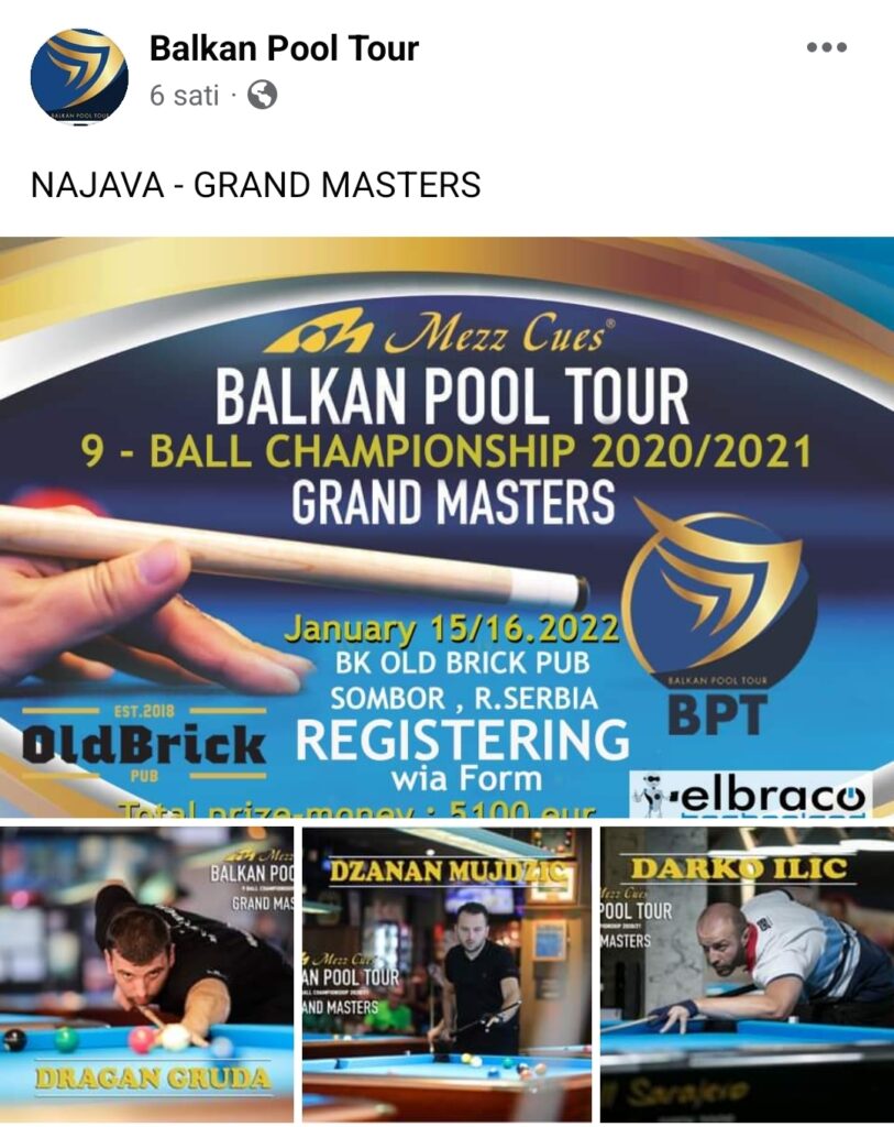 Grand Masters Balkan Pool tour / Član bilijar kluba "Devetka" Džanan Mujdžić među top 8 igrača