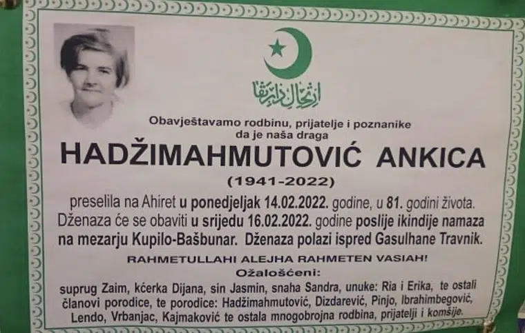 Preminula Ankica Hadžimahmutović