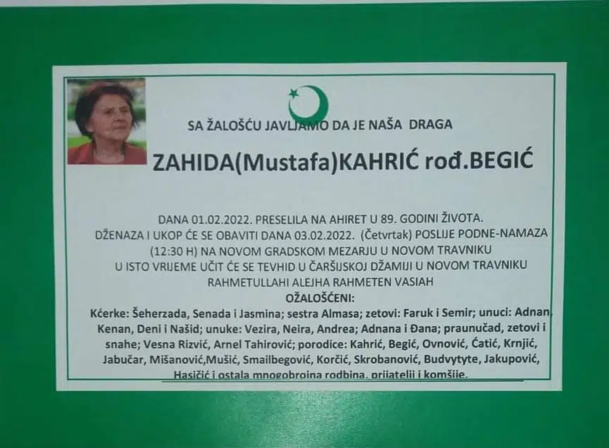 Preminula Zahida Kahrić