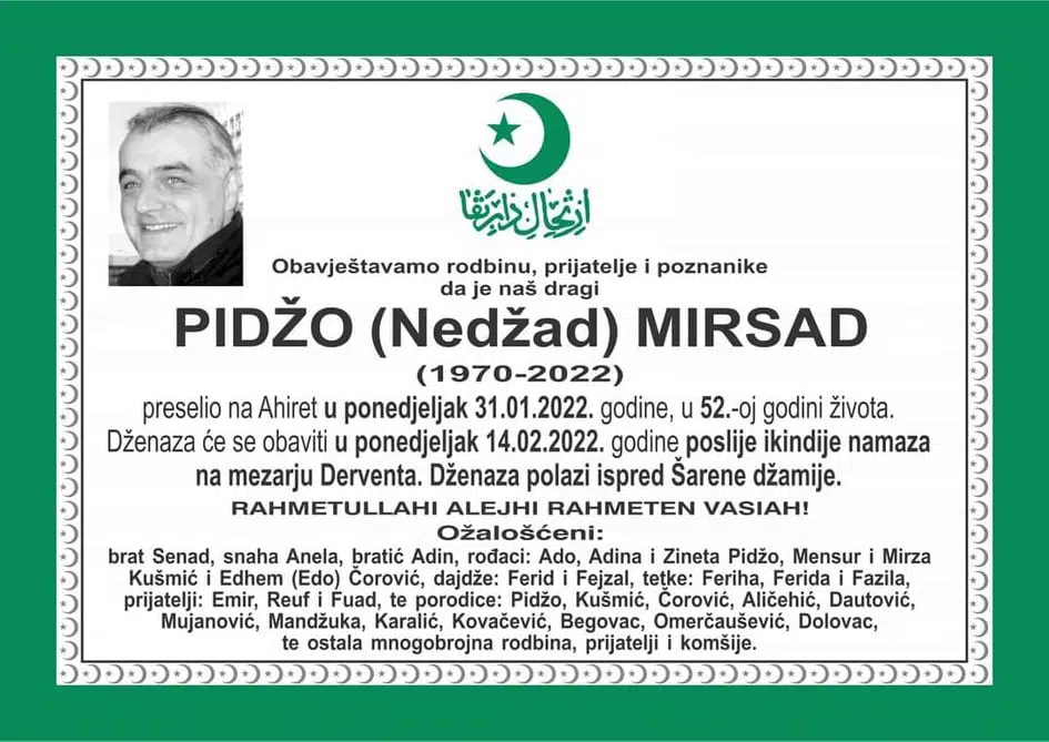 Sutra dženaza Mirsadu Pidžo