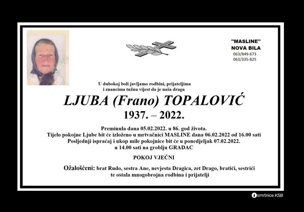 Preminula Ljuba Topalović