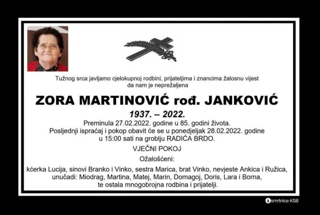 Preminula Zora Martinović