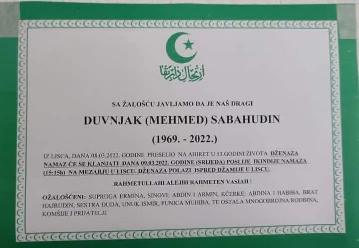 Preminuo Sabahudin Duvnjak