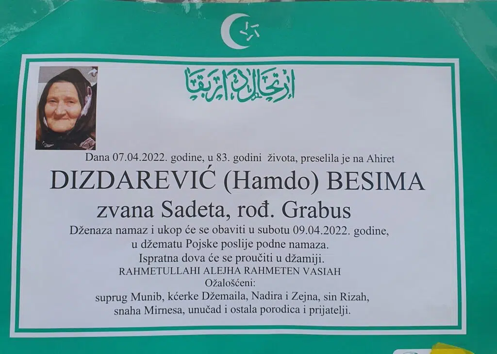Preminula Besima Dizdarević zvana Sadeta