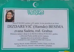 Preminula Besima Dizdarević zvana Sadeta