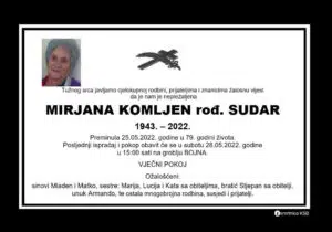 Preminula Mirjana Komljen rođ. Sudar