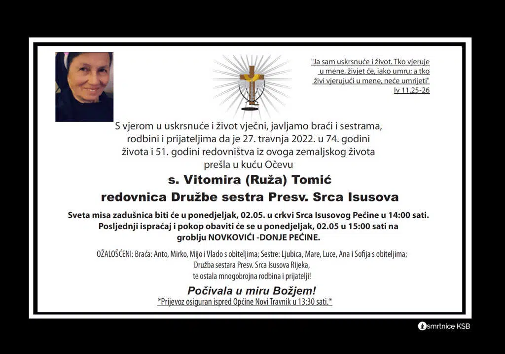 Preminula s. Vitomira Tomić
