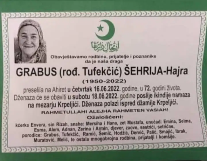 Preminula Šehrija – Hajra Grabus