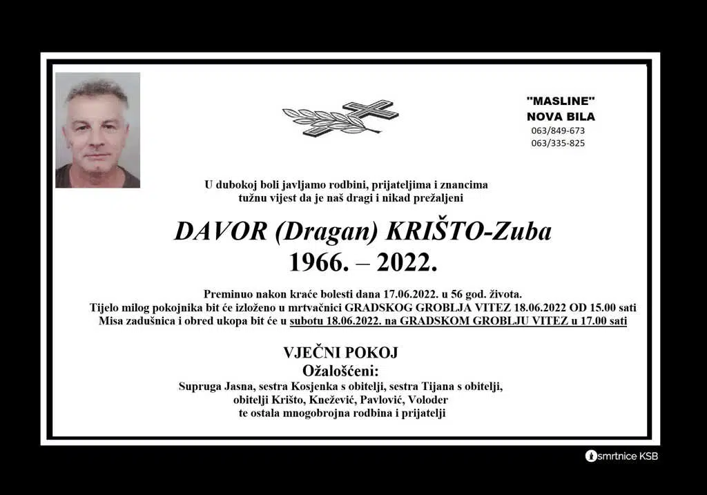 Preminuo Davor Krišto – Zuba