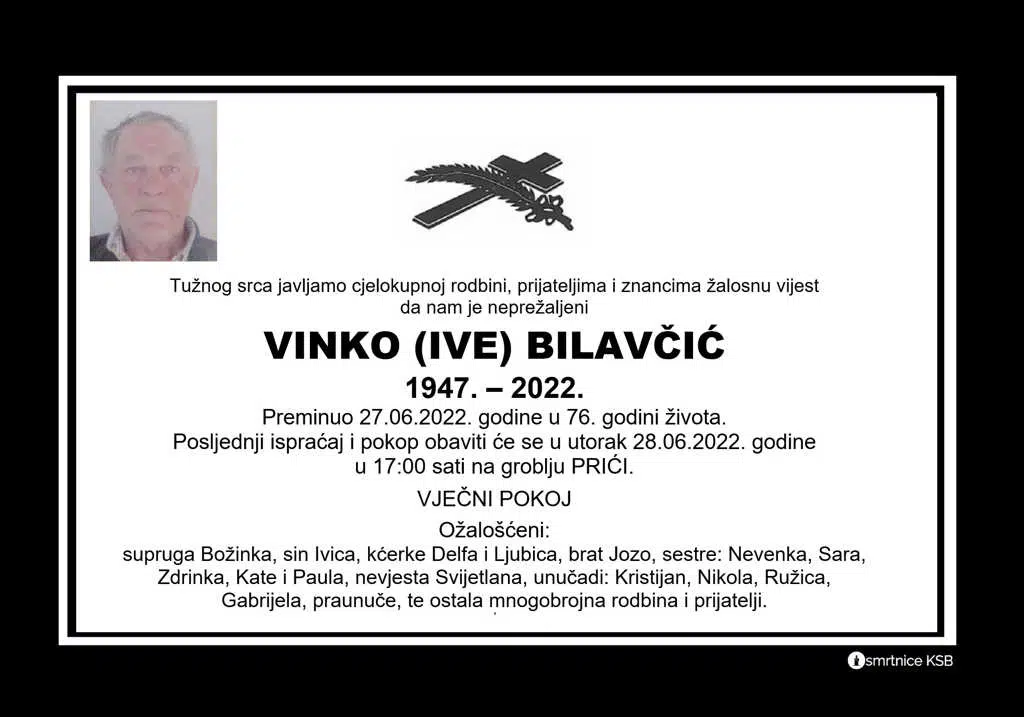 Preminuo Vinko Bilavčić