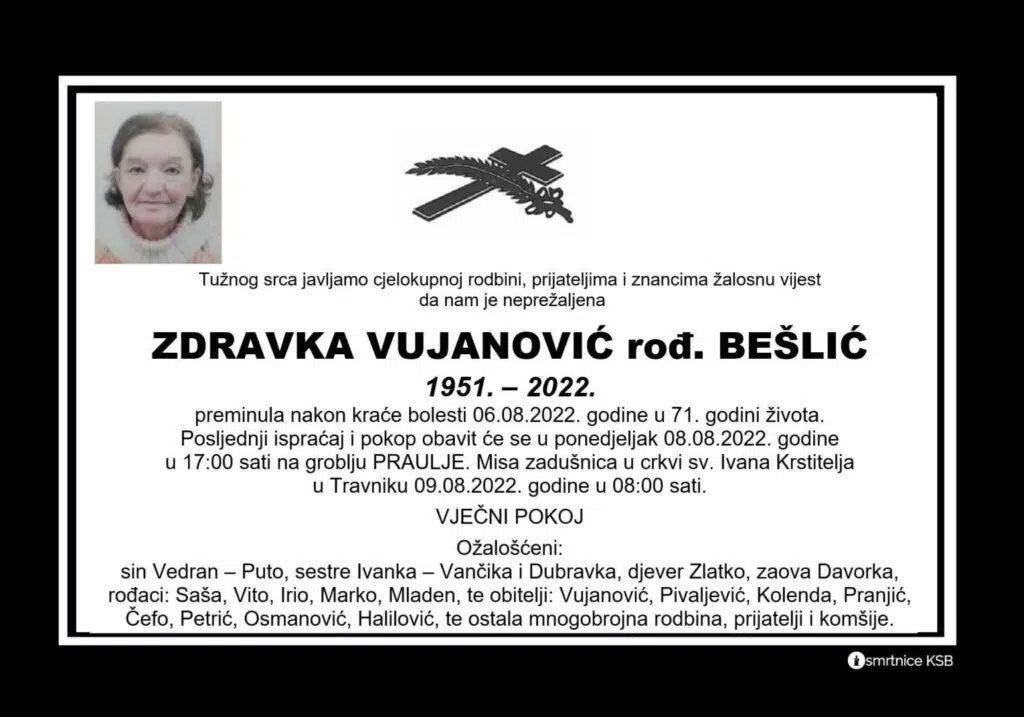 Preminula Zdravka Vujanović