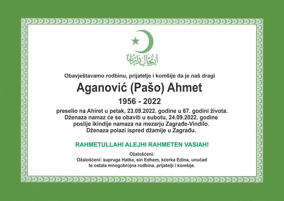 Preminuo Ahmet Aganović