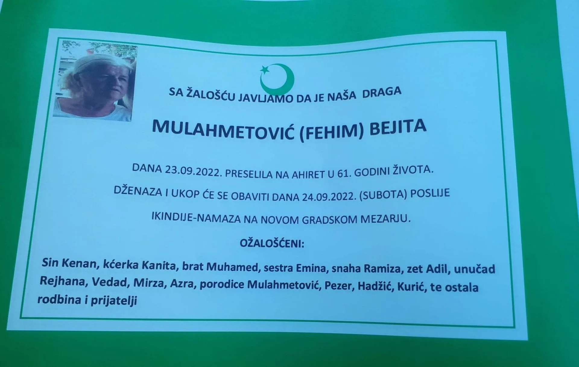 Preminula Bejita Mulahmetović