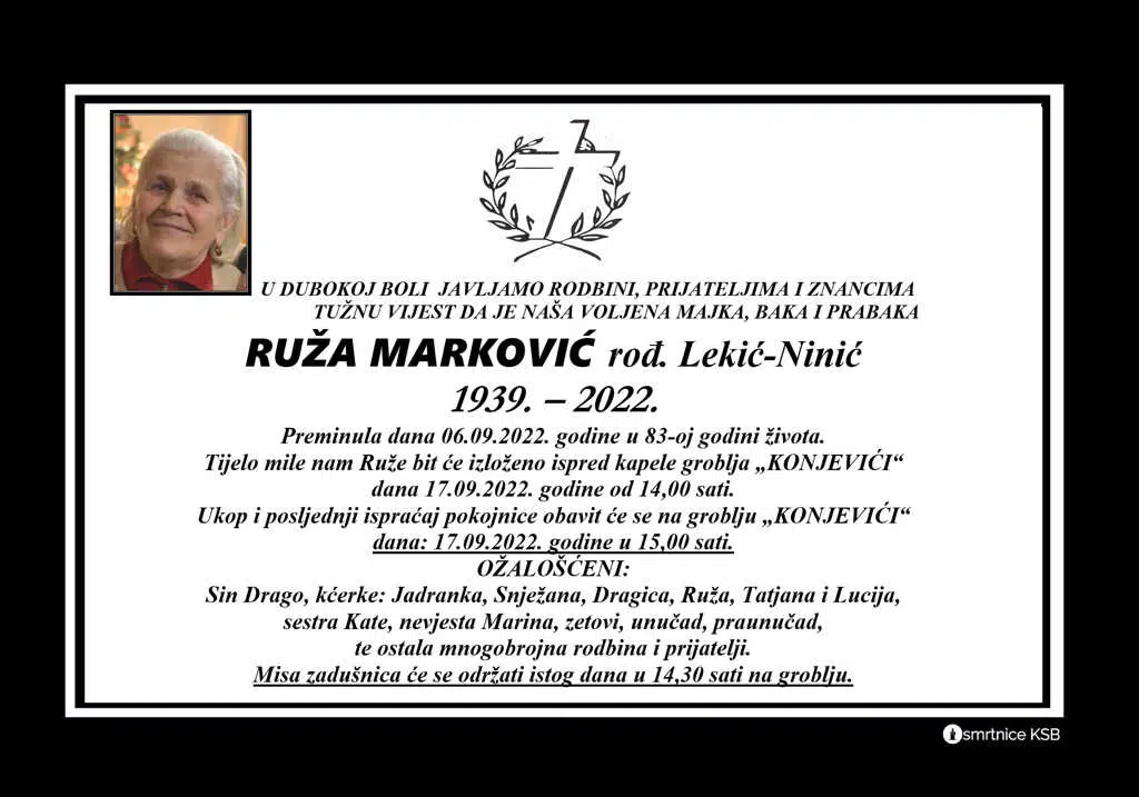 Preminila Ruža Marković