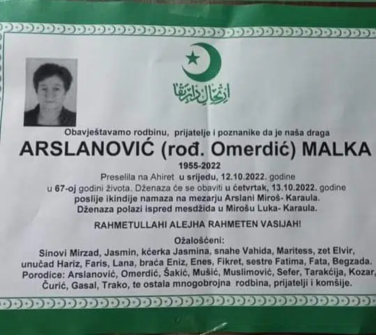 Preminula Malka Arslanović