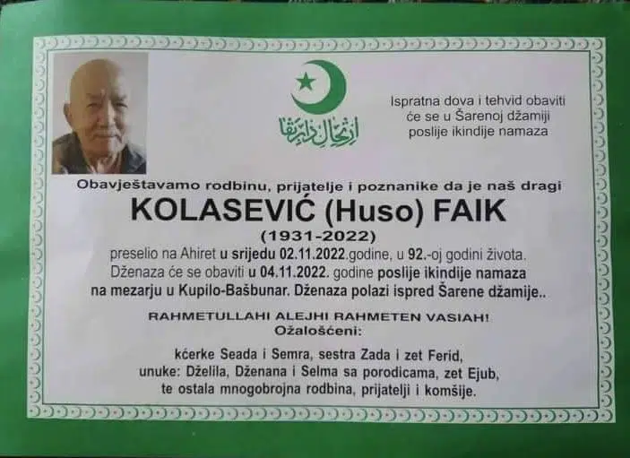 Preminuo Faik Kolasević