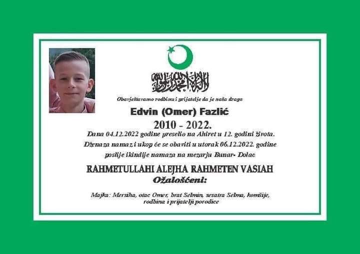 preminuo dvanaestogodišnji dječak edvin fazlić