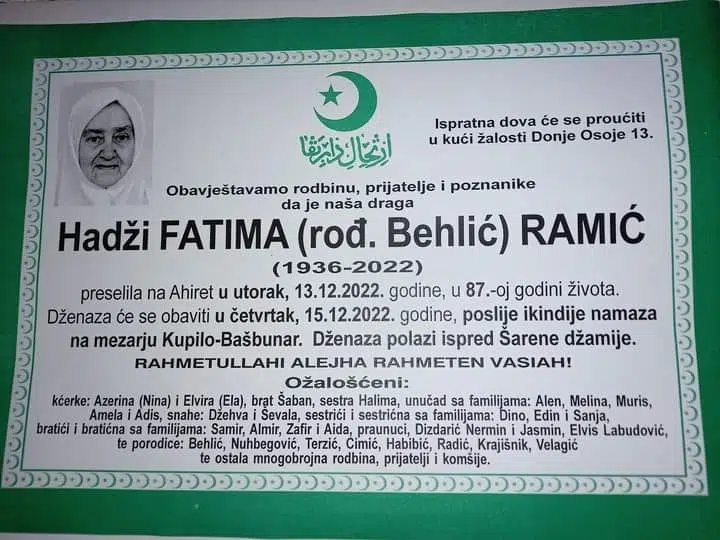 Preminula hadži Fatima Ramić
