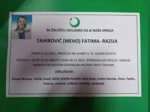 Preminula Tahirović Fatima - Razija