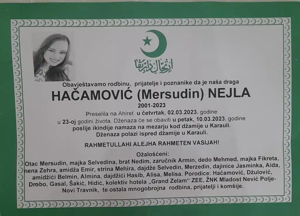 Sutra dženaza Travničanki Nejli Hačamović