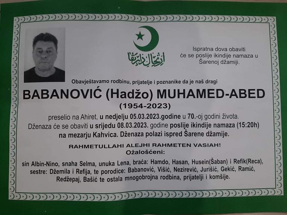 preminuo babanović muhamed - abed