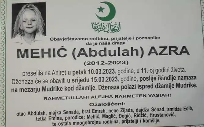 Sutra dženaza 11-godišnjoj Azri Mehić