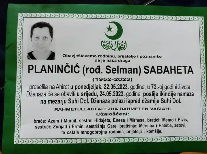 Preminula Sabaheta Planinčić