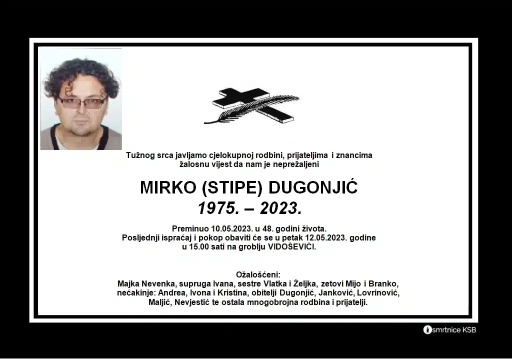 Preminuo Mirko Dugonjić Preminuo Mirko Dugonjić