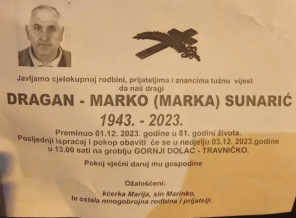 Preminuo je DRAGAN – MARKO (MARKA) SUNARIĆ