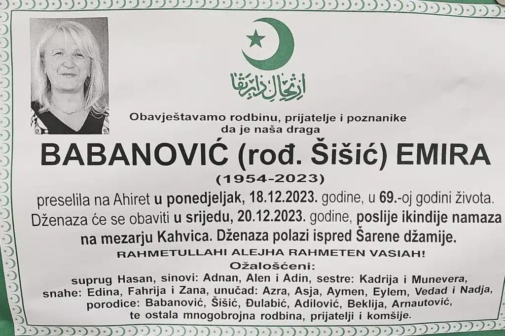 Preminula je Babanović Emira