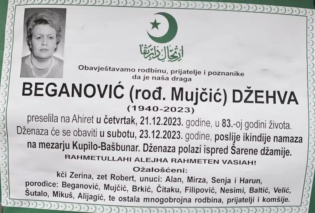Preminula je Beganović Džehva