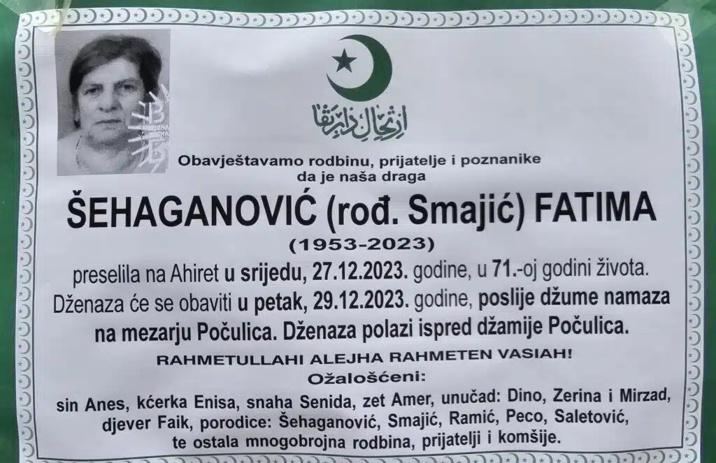 Preminula je Šehaganović Fatima
