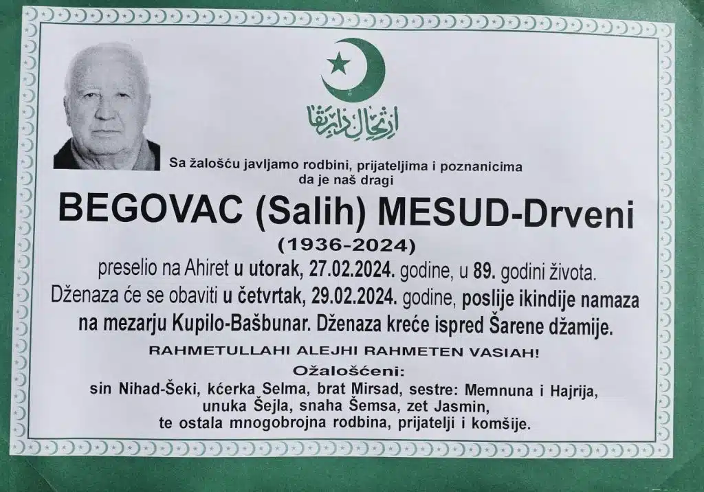 Preminuo je Begovac Mesud – Drveni