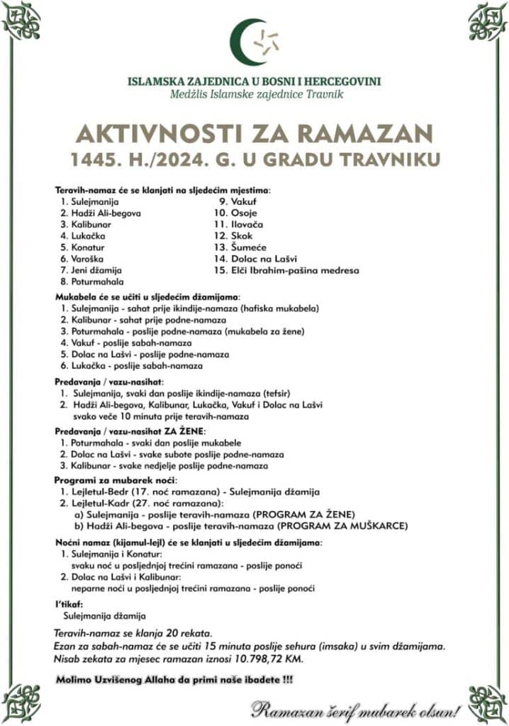 ramazan u travniku: objavljen program ramazanskih aktivnosti