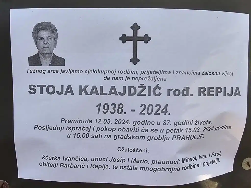Preminula je Stoja Kalajdžić rođ. Repija