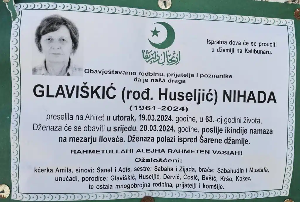 Preminula je Glaviškić Nihada