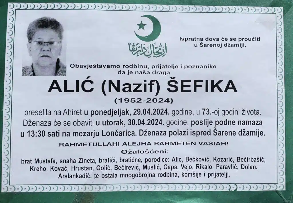 Preminula je Alić Šefika