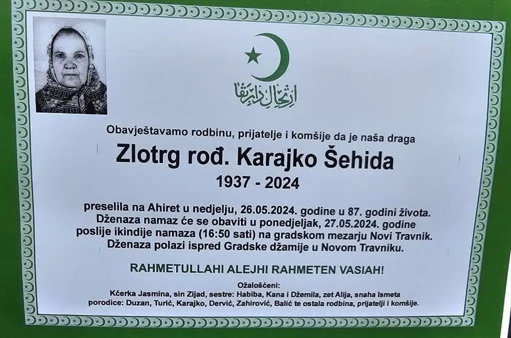 Preminula je Zlotrg rođ. Karajko Šehida